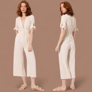 FRNCH Paris Maela Linen Blend Cream Romper Jumpsuit Deep V Neckline Size Small S